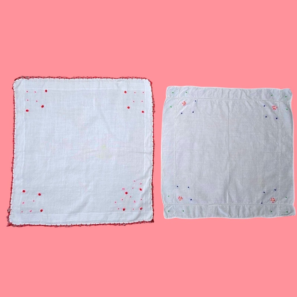 Vintage Embroidered Handkerchief Pair Floral Red Trim Pastel White Cotton 30/40s